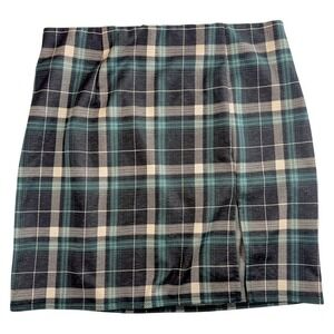 Timing Plaid Mini Skirt Women Large Green Front Slit Stretch WS8076W